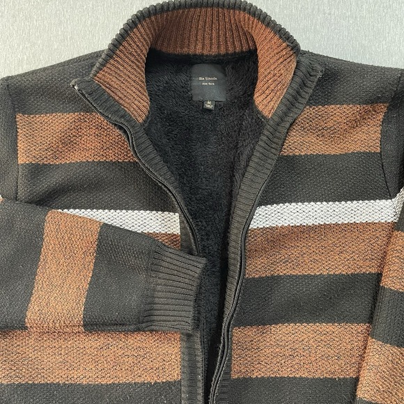 Six Lincoln Mens Striped Full Zip Mock Neck Cardigan Medium Sherpa‎ Lined Preppy - Picture 5 of 5